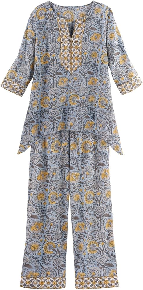 FLORIANA Women's Floral Print Pajamas 3/4 Sleeve Tunic Top Capri Pants Set, Blue