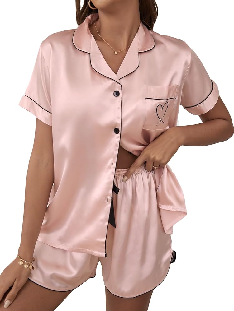 OYOANGLE Women's Satin Silky Pajama Set Button Down Short Sleeve Pj Lounge Sets Sleepwear