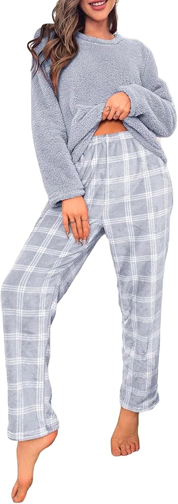 SOLY HUX Women's Pajama Set Fuzzy Long Sleeve Tee Tops and Plaid Pants Loungewear Sleepwear