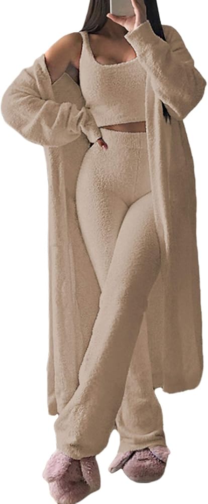 Fixmatti Women's Fuzzy 3 Piece Sweatsuit Open Front Cardigan Crop Tank Tops Wide Legs Pants Lounge Sets