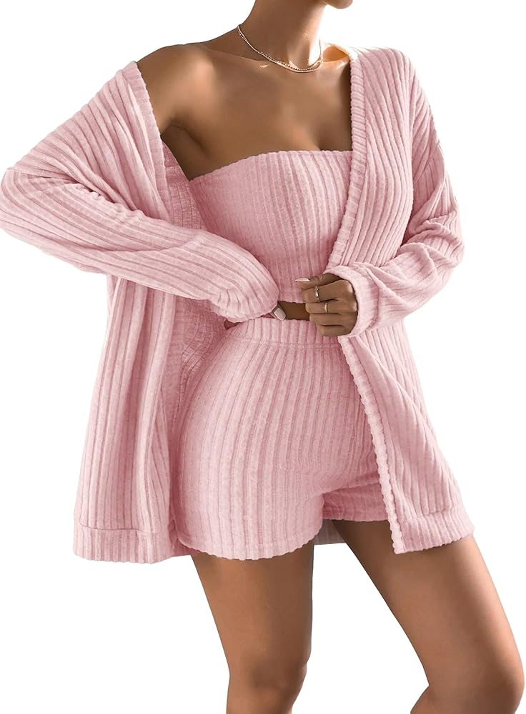 Verdusa Women's 3 Piece Pajama Sets Loungewear Ribbed Tube Top and Shorts with Cardigan