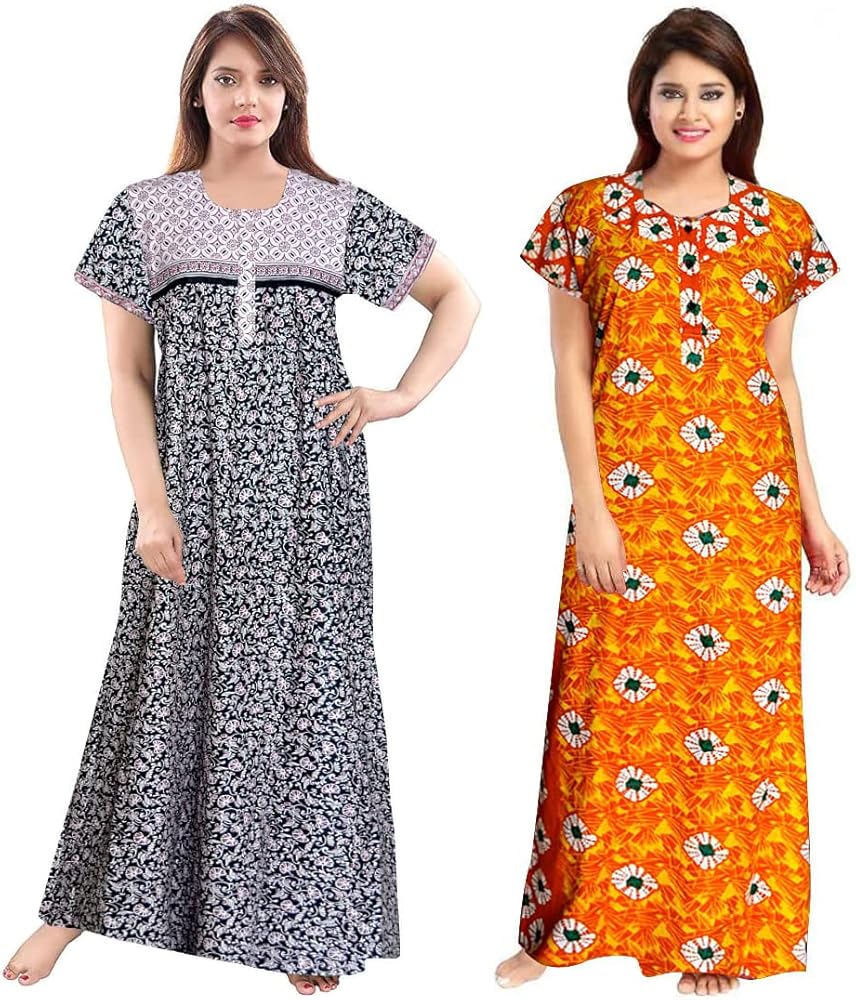 Women's Jaipuri Printed Soft 100% Cotton Indian full length Nighty For Women with lightweight sleepwear or Nightgown For Ladies Cotton Nighties XL Night Dress Pack of 2 - (Black & Yellow)