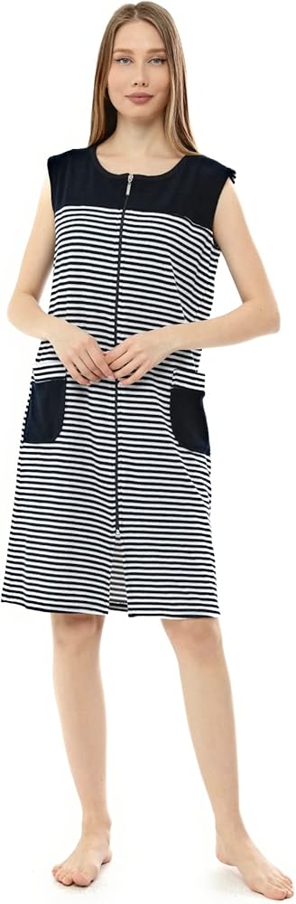 Women Terry Cotton Zipper Front House Coat Sleeveless Two Pocket Robe Sleepwear Beach Dress