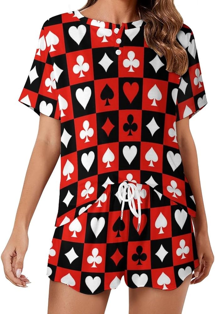 Poker Card Chess Board Red Black Classic Women's Pajamas Loungewear Set Loose Short Sleeve Sleepwear With Pockets