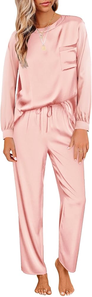 Ekouaer Womens Satin Silky Pajama Set Long Sleeve Top with Long Pajama Pant Set Soft PJ Loungewear