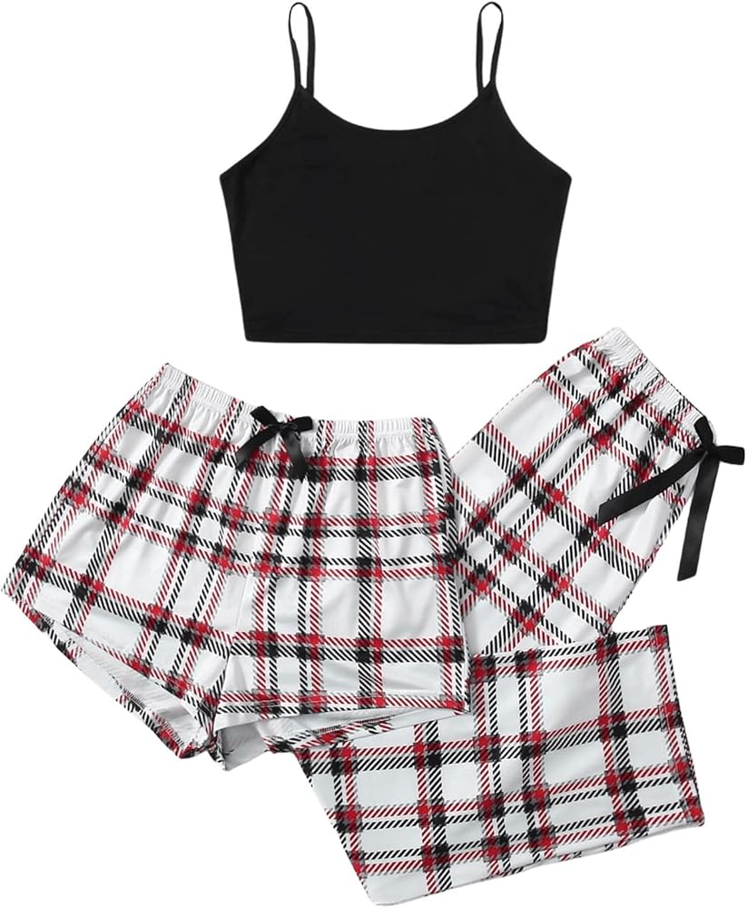 Verdusa Women's 3 Piece Cami Top and Shorts Pants Sleepwear Plaid Pajama Set