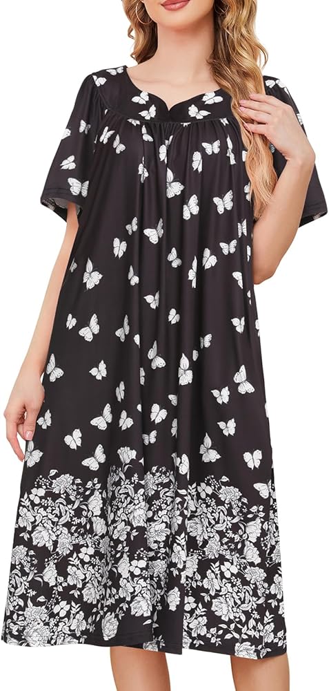 House Dresses for Women with Pockets Moo Moo Nightgown Short Sleeve Mumu Dress Lounge Dress S-3XL