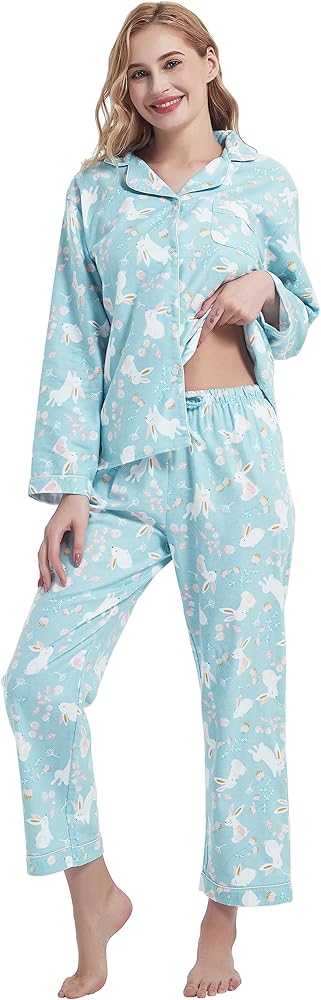 CHUNG Women Flannel Pajamas Set Brushed Cotton Button Tops Pants S-XL Sleepwear Loungewear Cozy Warm Winter