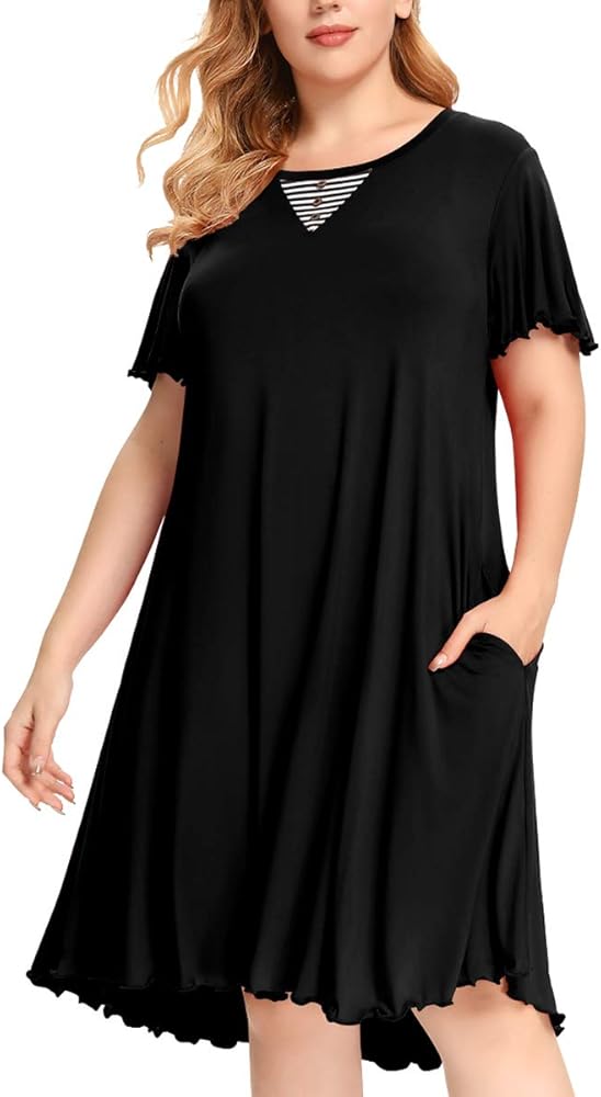 MONNURO Short Sleeve Plus Size Nightgown Ruffle Seams Sleeping Shirt Dress with Pockets for Women Sleepwear