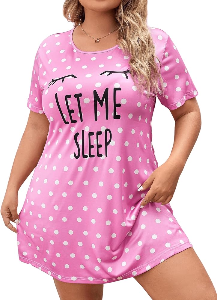 SOLY HUX Women's Plus Size Nightgown Polka Dots Letter Print Short Sleeve Sleep Shirt Dress Sleepwear