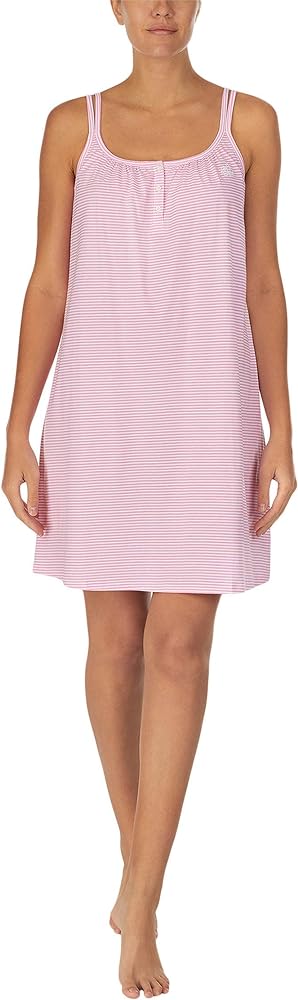 Lauren Ralph Lauren Knit Double Strap Button Neck Gown Pink Stripe LG (US 12-14)