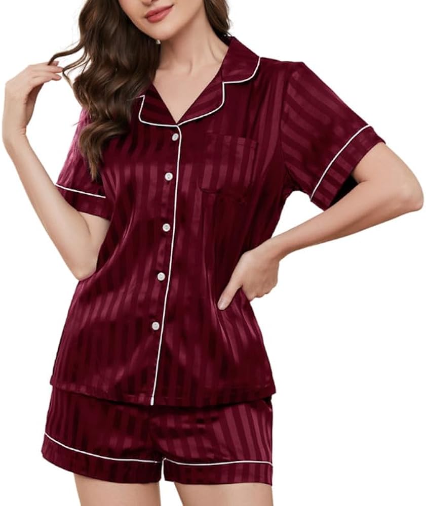 U2SKIIN Women Pajamas Satin Shorts Set, Silk Pajamas for Women Summer Striped Button Down Pjs Sets