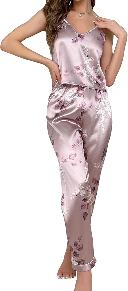 MakeMeChic Women's 2 Piece Satin Silk Pajamas Sets Floral Silk Sleepwear Nightwear Cami Top with Pants PJ Sets