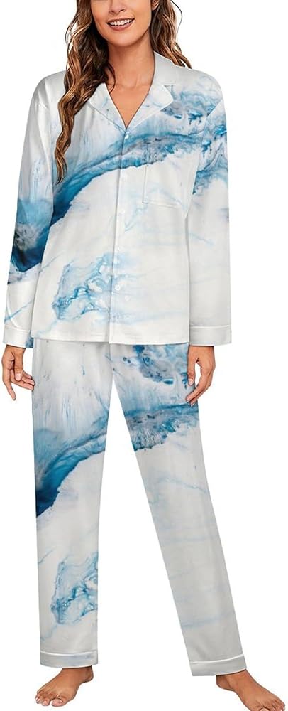 Watercolor Marble Women's Long Sleeve Button Down Sleepwear Soft Nightwear Lounge Pajamas Set