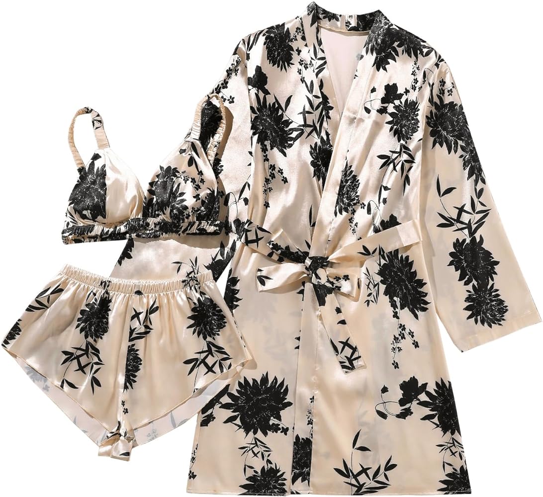 Floerns Women's Floral Print Cami Top Shorts with Kimono Robe 3 Piece Pajama Set