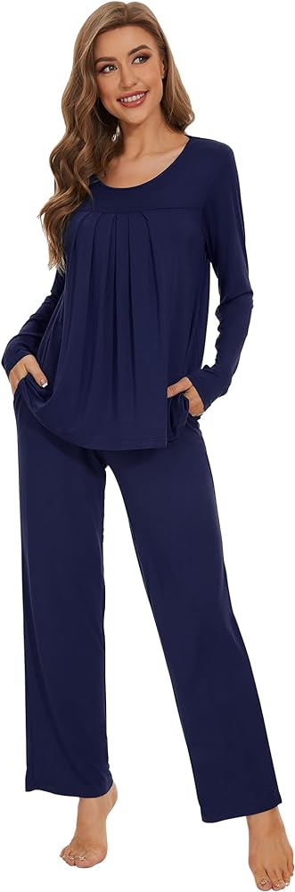 WiWi Viscose from Bamboo Pajamas Sets for Women Scoop Neck Pleated Front Sleepwear Long Sleeve Loungewear Set S-XXL