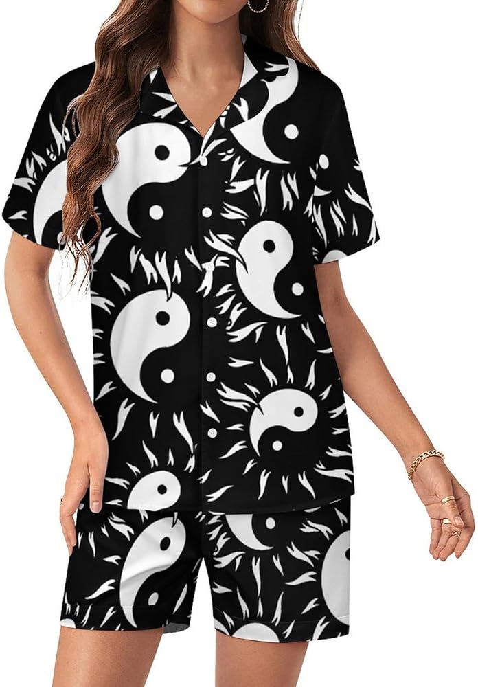 The Sun Yin Yang Women's Pajamas Set Two Piece Button Down Sleepwear Short Sleeve And Shorts Loungewear