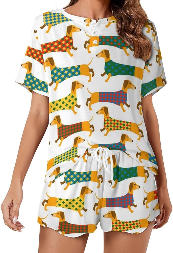 Basset Hound Pattern Classic Women's Pajamas Loungewear Set Loose Short Sleeve Sleepwear With Pockets