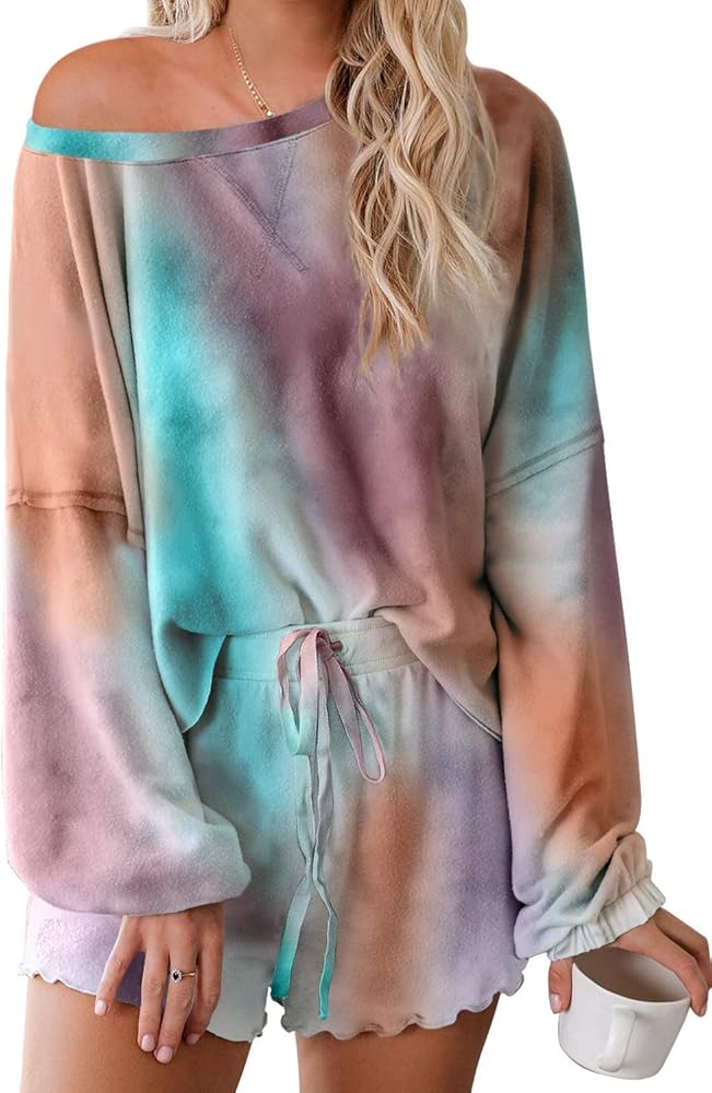 Womens Tie Dye Printed Ruffle Short Lounge Set Long Sleeve Tops with Shorts PJ Set Loungewear Nightwear