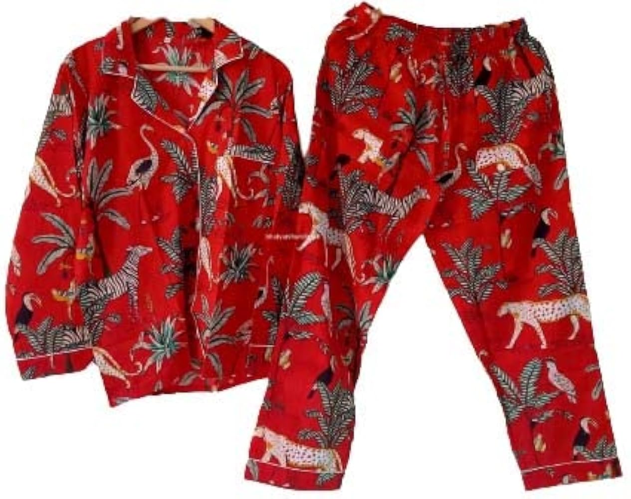 Valintino Textile Cotton Animal Print PJ Set Women Night Dress Sleepwear Block Print Pajama Set Floral Printed Pajama Set Red