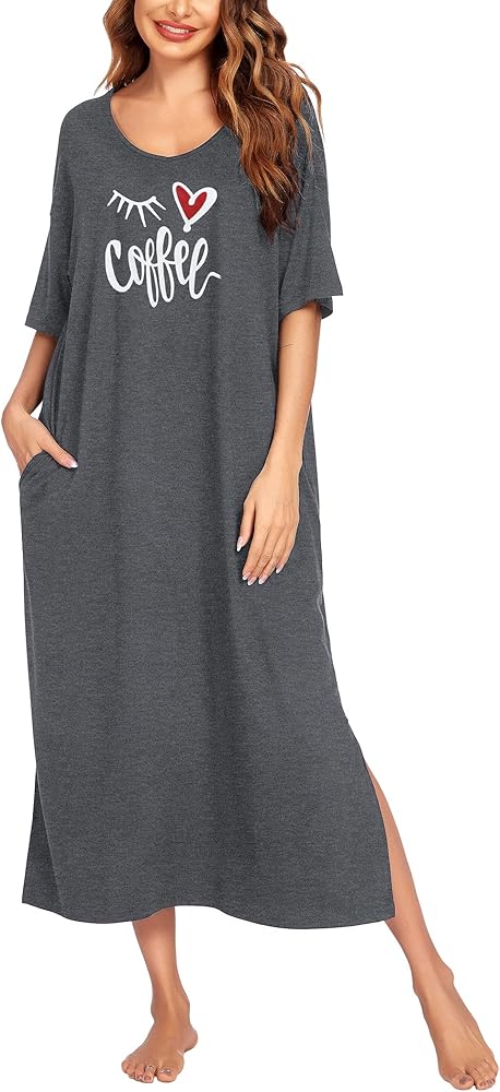 Ekouaer Long Nightgown for Women Short Sleeve Sleepwear Plus Size Loungewear with Pockets M-XXXL