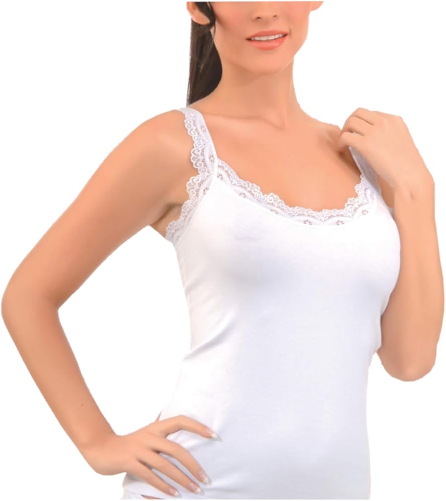 Women's Sexy Ultra Soft Camisole with Lace Trim Cotton Basic Tank Top White