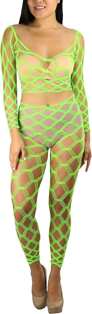 ToBeInStyle Women's Spandex Multi Net Fishnet Set Rave Novelty Party Crop Top & Tights