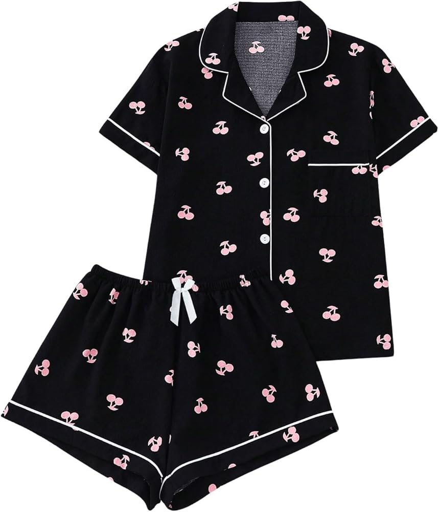 Verdusa Women's 2 Piece Printed Lounge Pjs Sets Sleepwear Button Up Shirt with Shorts