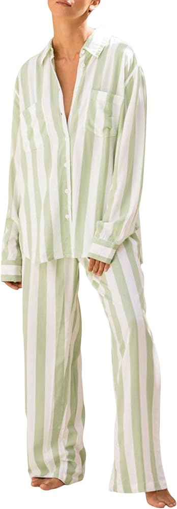 Women's Pajama Sets Button Down Soft Long Sleeve Striped Print Sleepwear Pjs Two Piece Lounge Sets S-XL