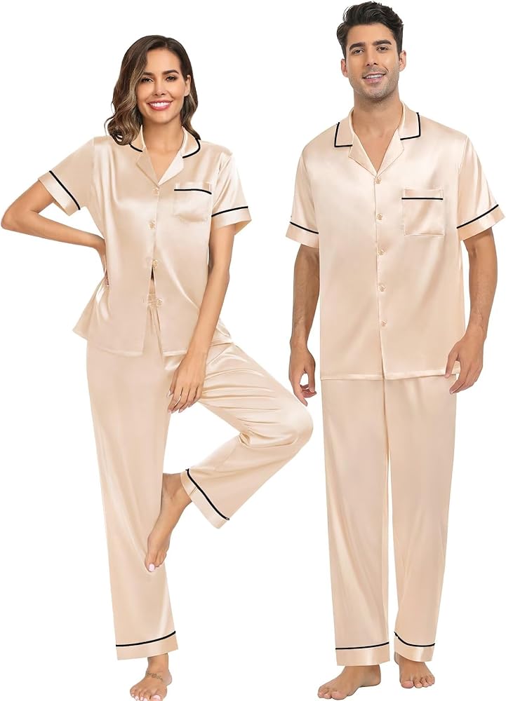 SWOMOG Couple Pajama Sets Silk Satin Sleepwear Short Sleeve and Long Pants Pjs Set Soft Loungewear Classic Pajamas