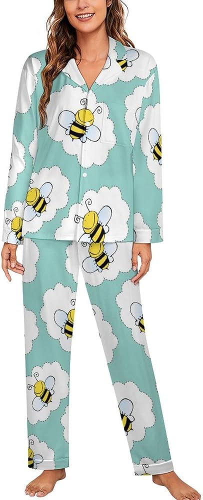 Bees Women's Long Sleeve Button Down Sleepwear Soft Nightwear Lounge Pajamas Set