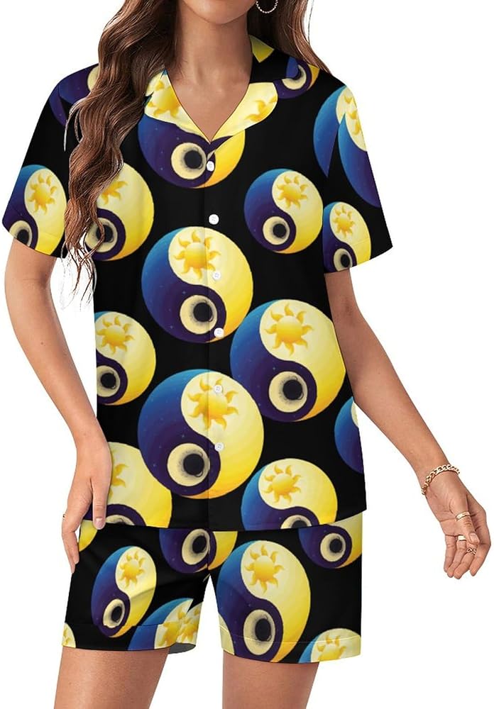 Yin Yang Sun Moon Women's Pajamas Set Two Piece Button Down Sleepwear Short Sleeve And Shorts Loungewear