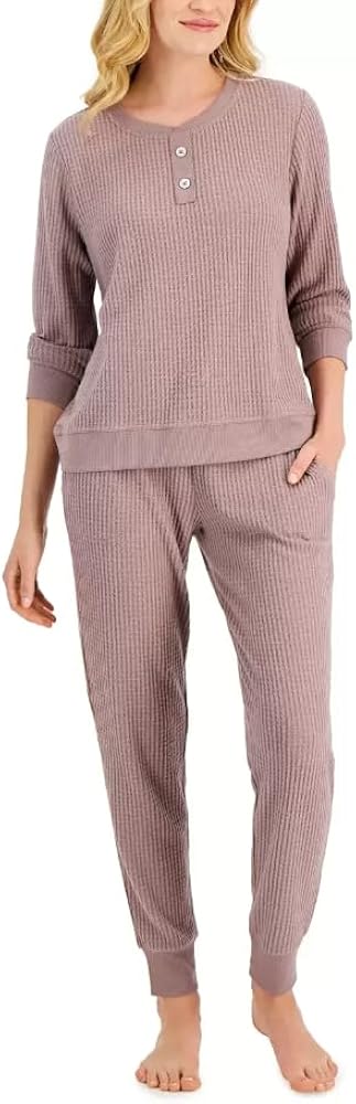 Alfani Woens Thermal Henley Pajama Set, Lavendar, X-Small