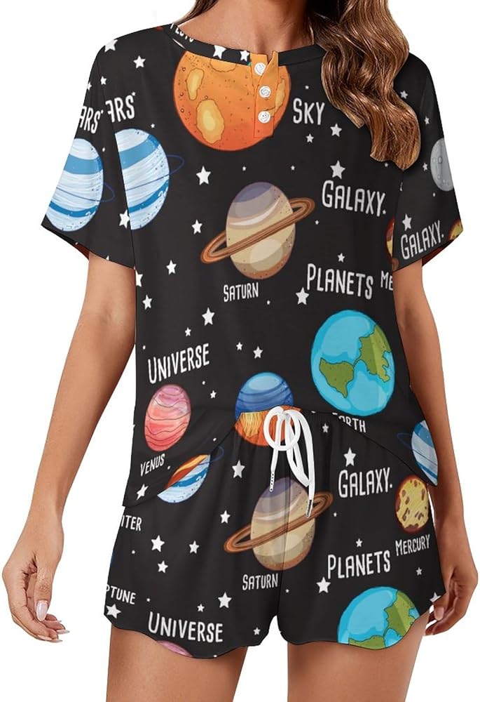 Solar System Planet Classic Women's Pajamas Loungewear Set Loose Short Sleeve Sleepwear With Pockets