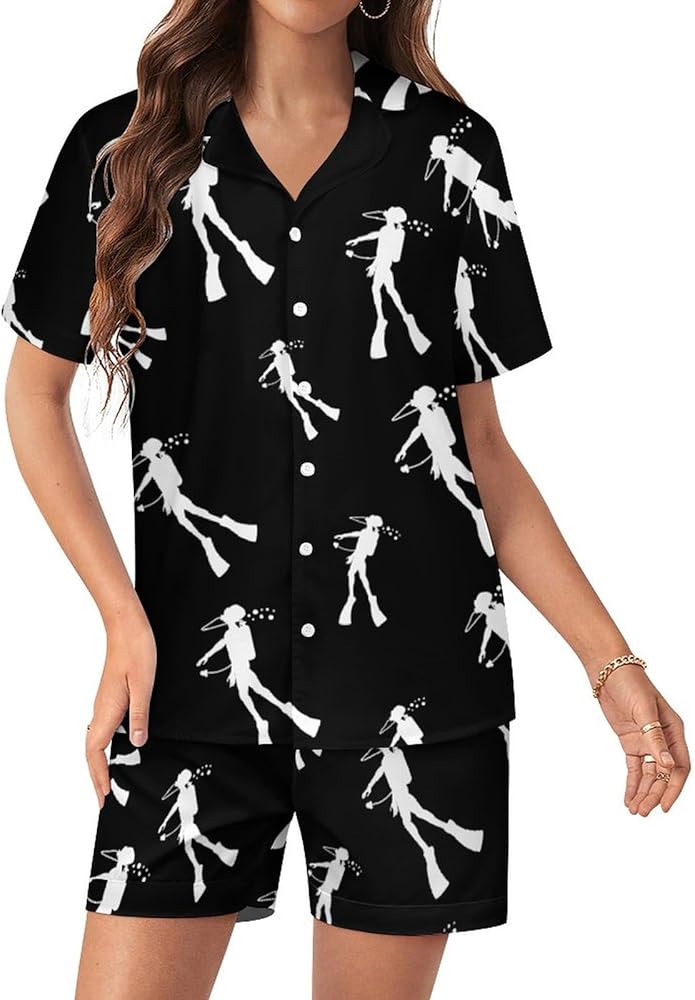 Diver Silhouette Womens Silk Satin Pajamas Set Short Sleeve Button-Down Sleepwear Loungewear Pj Set