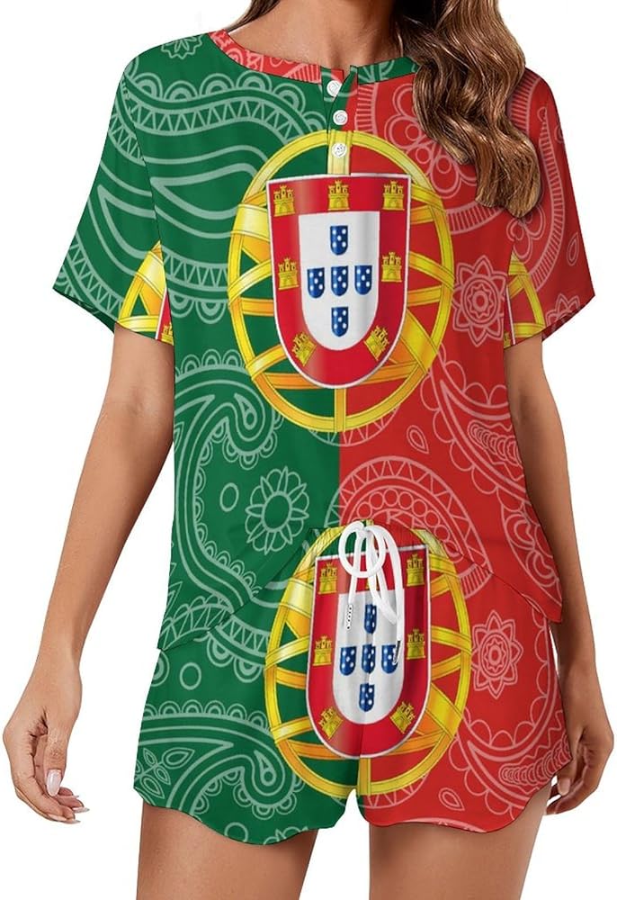 Portugal Paisley Flag Women's 2 Piece Pajamas Short Sleeve Shorts Sleepwear Set Causal Loungewear Home Suit 5XL