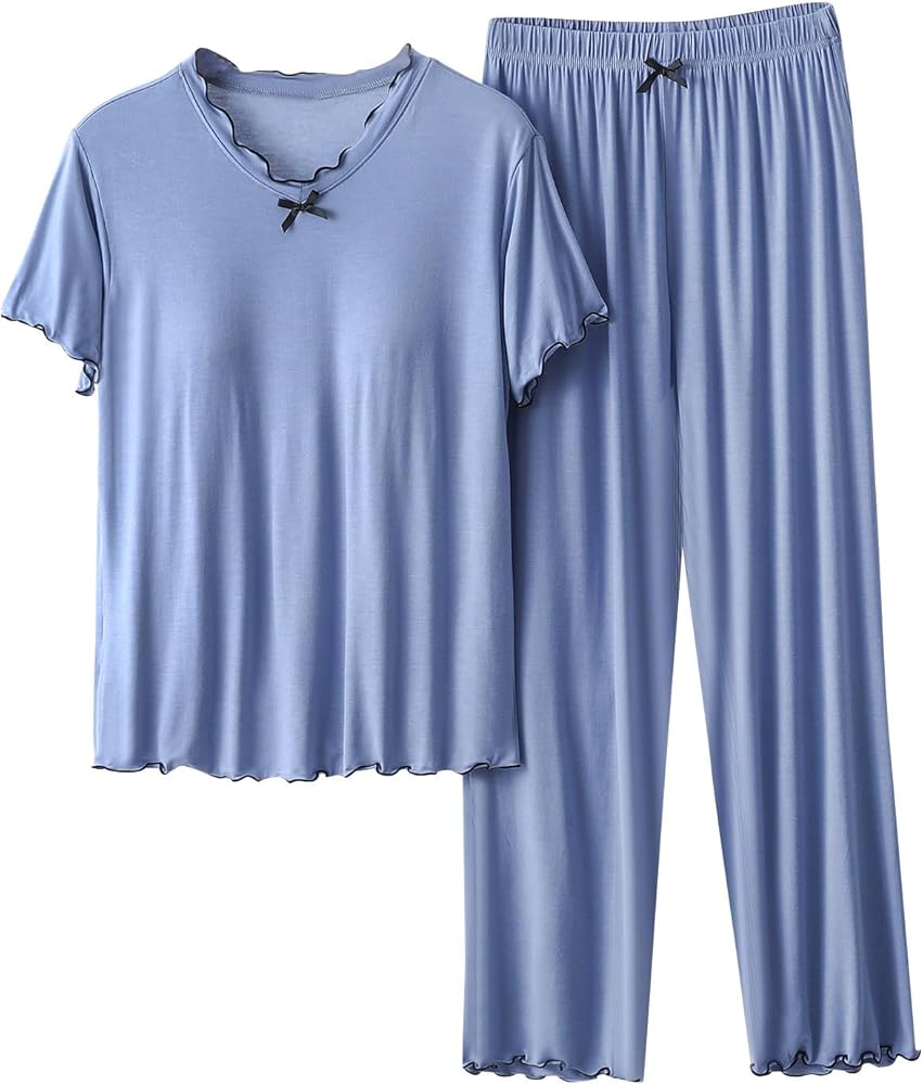 Womens Pajama Set - Short Sleeve Shirt and Pajama Pants Pj Set - Modal Loungewear Sleepwear 2 Piece PJ Sets