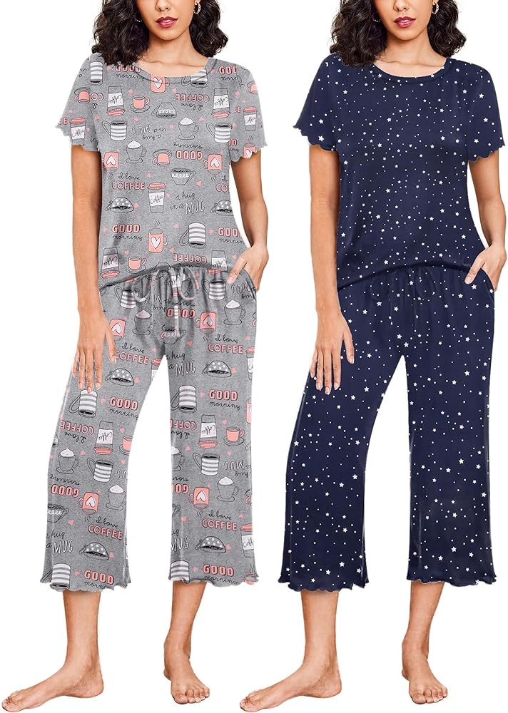 Ekouaer 2 Pack: Women's Pajamas Set Short Sleeve Sleepwear Capri Pants Pjs Sets Soft Loungewear With Pockets