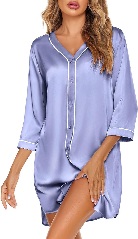 Ekouaer Satin Button Down Nightgown Women 3/4 Sleeve Silk Sleepshirt V-Neck Boyfriend Nightshirt S-XXL