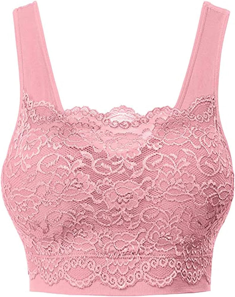 Womens Square Neck Lace Sports Bra Wirefree Padded Workout Yoga Bra Crop Tank Top with Bra Wide Strap Breathable Camisole