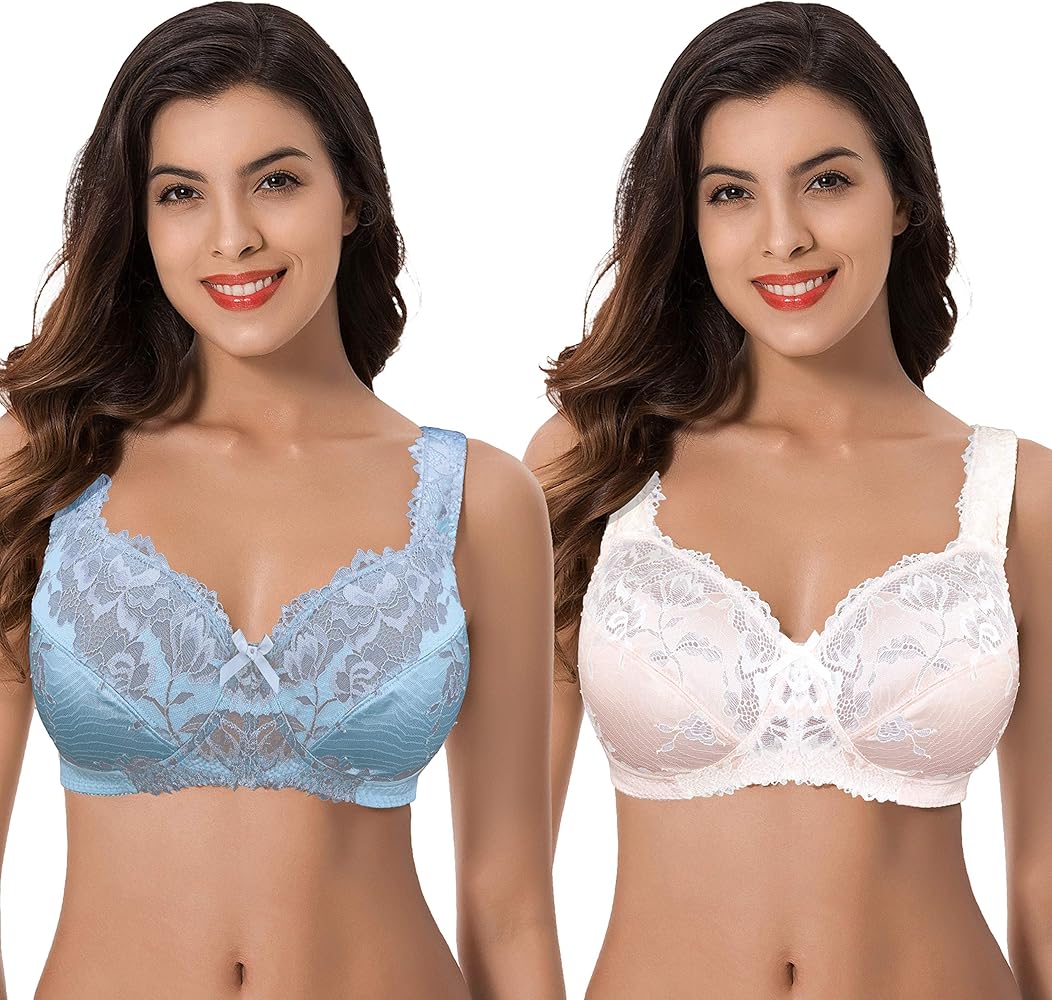 Curve Muse Women's Plus Size Minimizer Unlined Wireless Lace Full Coverage Bras