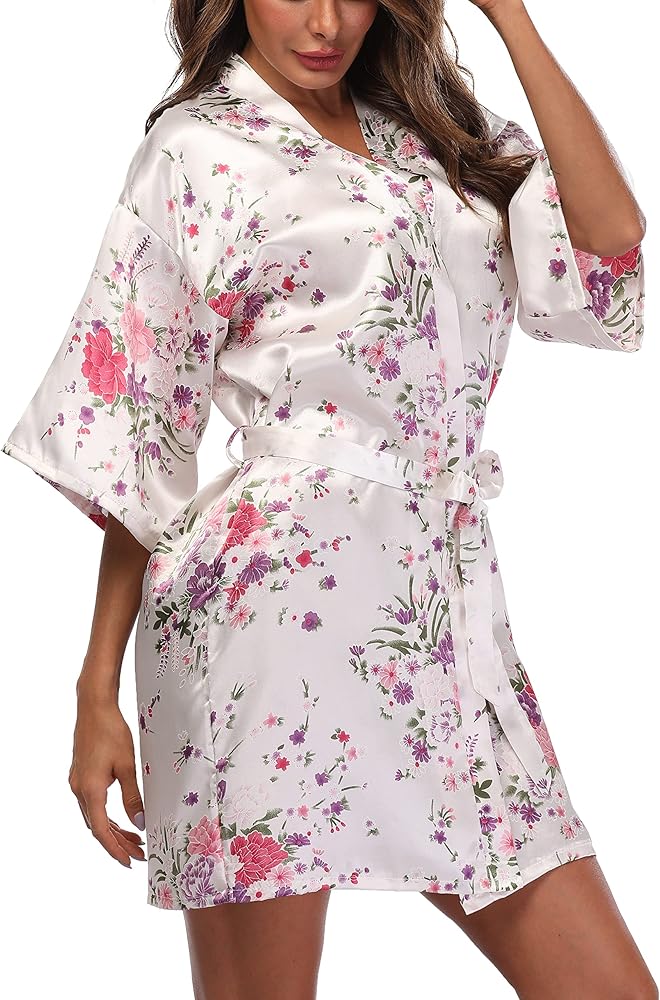 Women's Floral Kimono Robes Short Satin Bridal Robe Bride Bridesmaid Getting Ready Dressing Gown