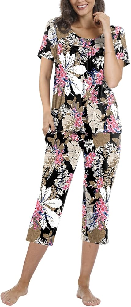 POPYOUNG 2024 Womens Summer Casual 2 Piece Pajamas Sets with Capri Pants and Pockets