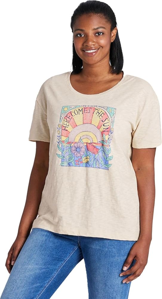 Life is Good. Women's Here Comes The Sun Hippie SS Relaxed Sleep Tee, Putty White, Medium