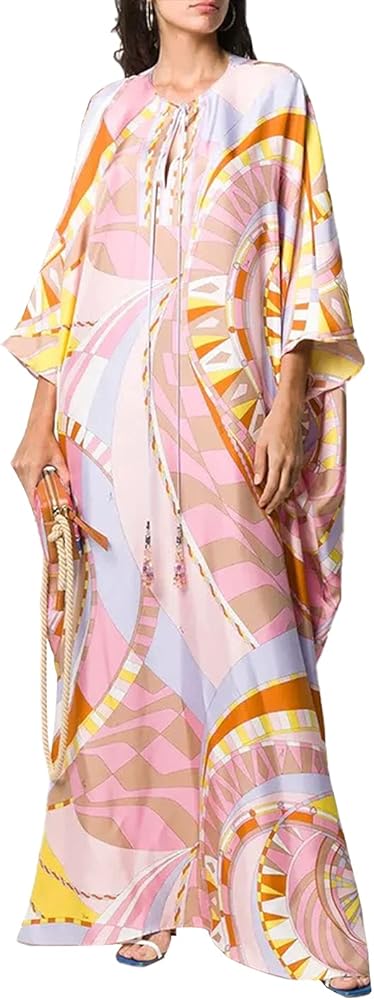 Flygo Women's Boho Oversized Batwing 3/4 Sleeve Long Maxi Caftan Dress (Pink, One Size)