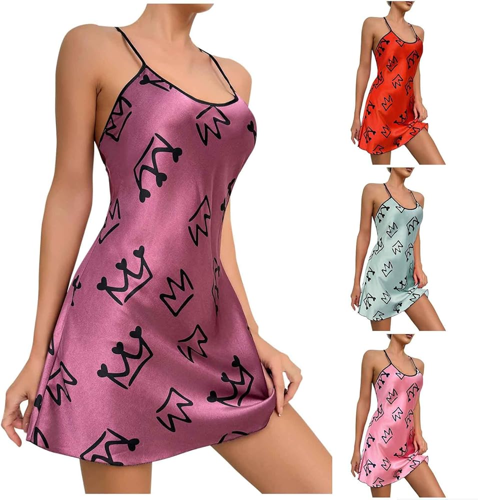 Womens Nightdress Fashion Print Sexy Backless Ice Silk Sling Pajamas Dresses Nightgowns Chemise Sleepwear Lingerie