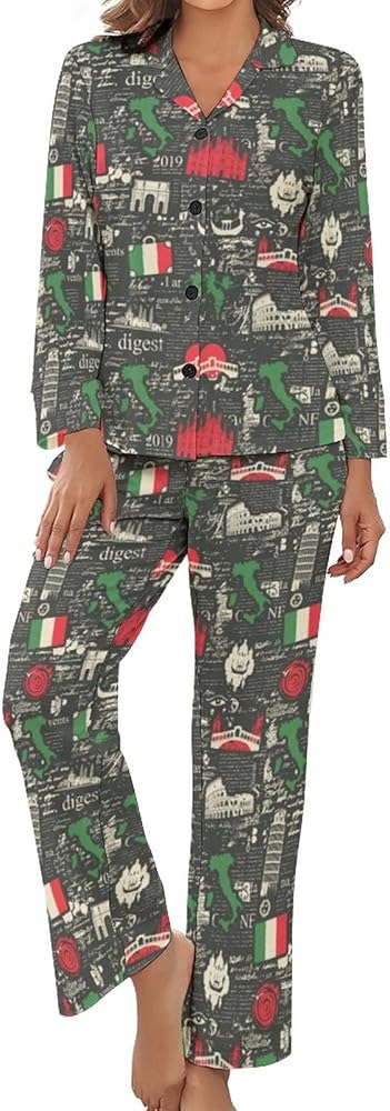 Italy Theme Women's Pajamas Set Button Down Sleepwear PJ Set Loungewear Night Suit with Pocket