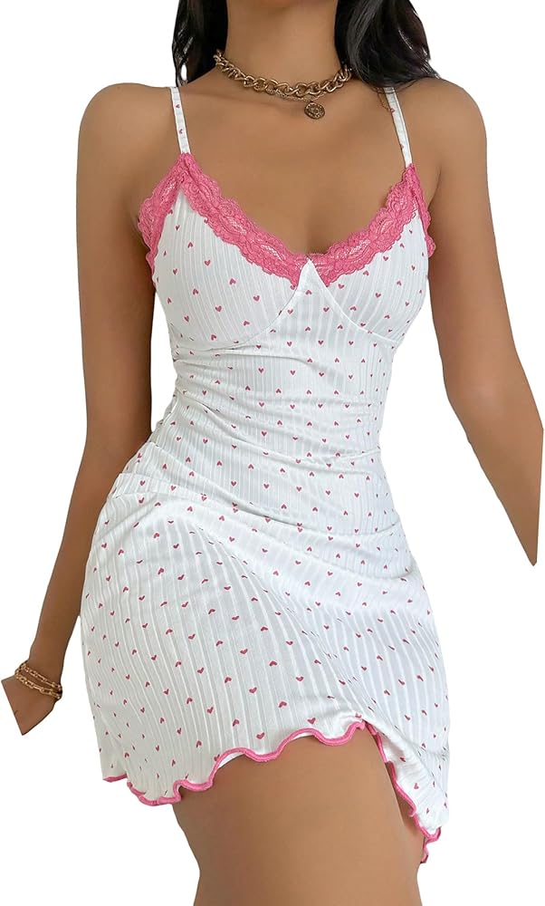 MakeMeChic Women's Sleeveless Heart Print Lace Trim Cami Mini Nightdress Knitted Slip Dress Sleepwear