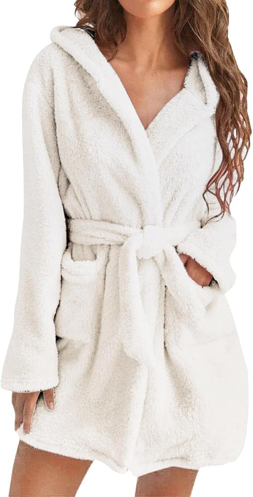 Robes for Women, Bath Robe Women's Hooded Fleece Bathrobes Soft Plush Sleepwear Fluffy Warm Sherpa Shaggy Bathrobe