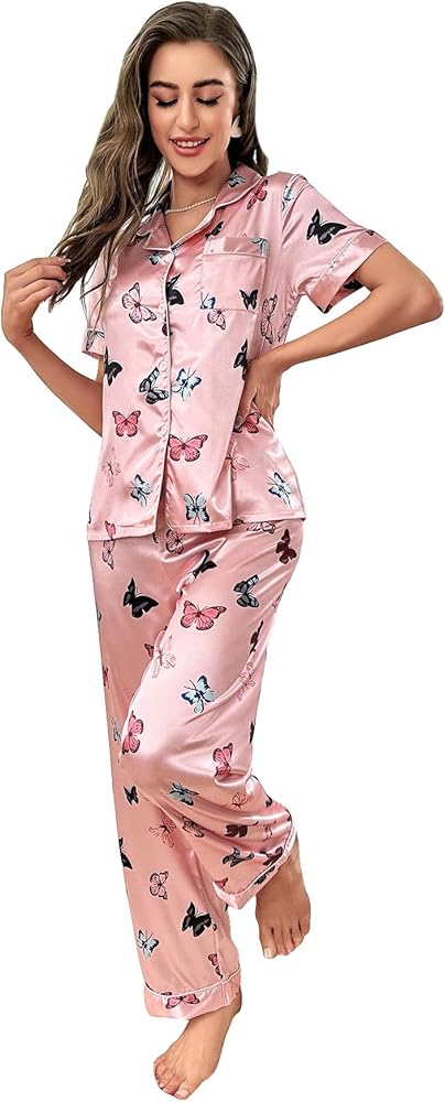 WDIRARA Women's 2 Piece Satin Pajama Set Butterfly Print Sleepwear Short Sleeve Shirt and Pants Set